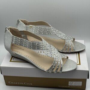 Charter Club Ginifur2 Silver Pearl 10M Wedge Sandals Embellish Glitter Zip Backs